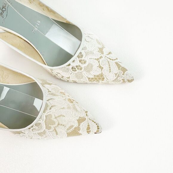 CHRISTIAN LOUBOUTIN White Kate Lace Pumps Size 38 US 8 Lace Up Satin Trim Heels - Picture 6 of 15